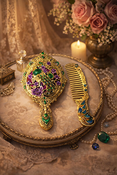 seymenbıçakçılık Motifli El Aynası & Tarak Seti | Vintage Gold Şık Tasarım | ...