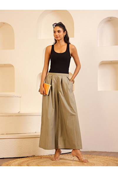 Sanskrutihomes By Styli Women Grey Pleated Wide Leg Trousers