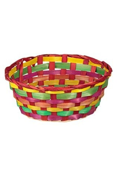 OEM Round Decorative Bamboo Basket Red with Colorful Stripes Ø22 x 8 cm