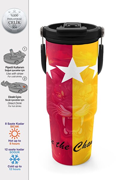 Coral High Kids Yellow Red 5 Star Lion Fan Patterned Steel Thermos with Straw...