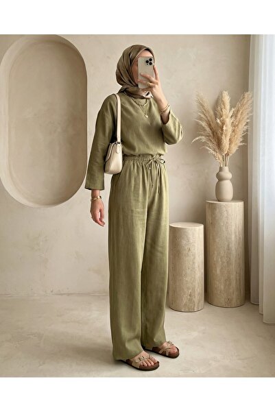 Modamorfo Women's Wide Leg Linen Trousers 6735 - Çağla