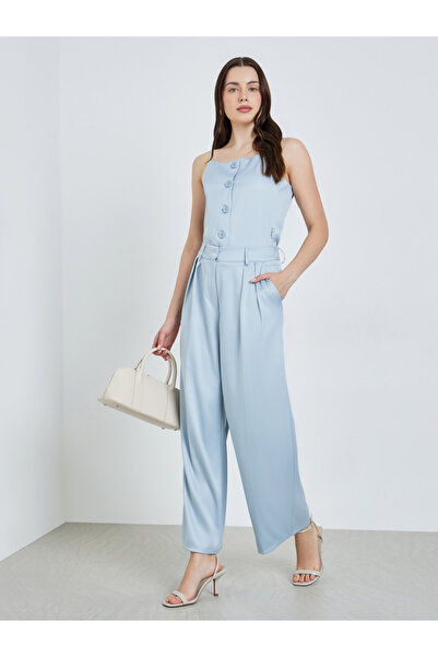 Styli Women Blue Fold Pleat Wide Leg Formal Pants