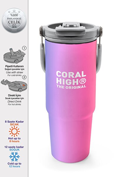 Coral High Renk Geçişli Desenli Pipetli ve Direkt İçim Çelik Termos 900 ml 38726