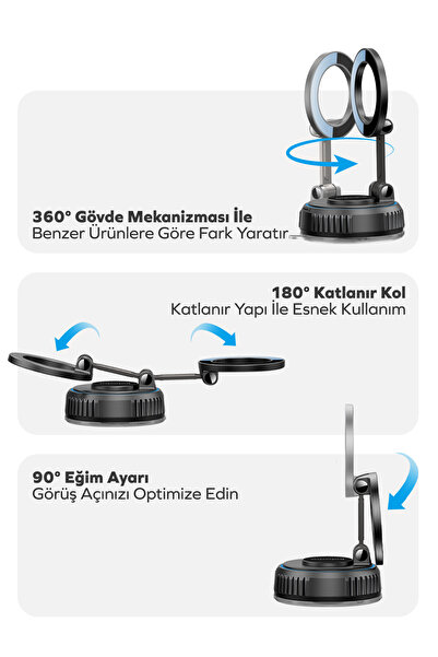 woyax MagSafe Uyumlu 360° Mıknatıslı Ayarlanabilir Araç İçi Telefon Tutucu Kilitli Vakumlu Masa Dolap Cam