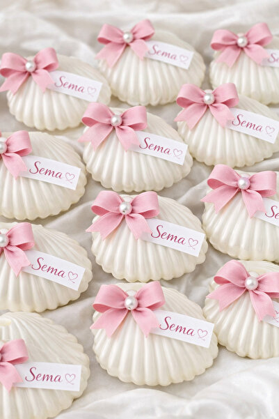 Defne 10 adet pembe fiyonk detaylı kokulu istiridye mum. Söz, nişan,düğün, do...