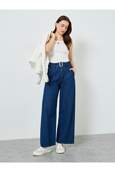 Styli بنطلون جينز نسائي واسع الساقين باللون الأزرق الداكن