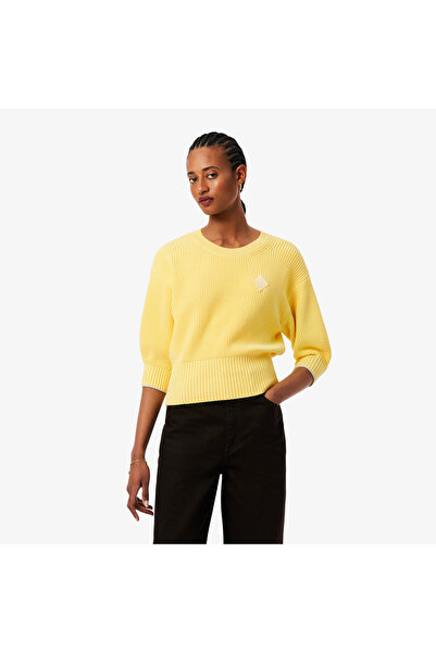 Lacoste Kadın Loose Fit Bisiklet Yaka Sarı Kazak