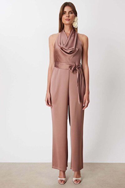 Mi Pret a Porter Mi Degaje Yaka Kuşaklı Saten Tulum