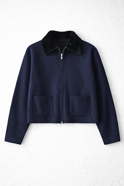 Merve Gültekin Yakası Kürklü Triko Hırka Lacivert