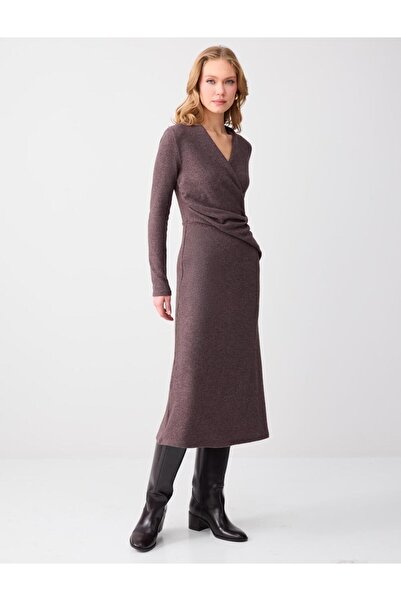 Jimmy Key Acı Kahve Kruvaze Yaka Yumuşak Dokulu Örme Midi Elbise