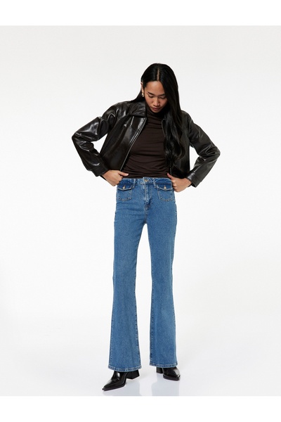 Koton Blugi cu talie înaltă, cu buzunare cu nasturi, model strâns, pantaloni ...