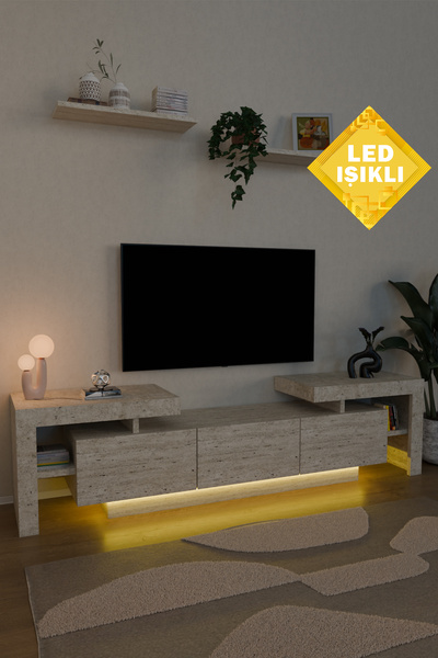 Estoria Home Led Işıklı Terra Tv Ünitesi 190cm Modern Kullanışlı 3 Kapaklı Ra...