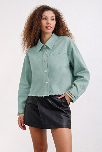 Hatun Atila Embroidered Sleeve Long Sleeve Crop Jacket 80010 - Blue