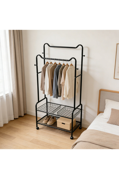 Bleco Movable Wardrobe Double-Rod Closet Storage Rack - Metal Hanger and Shoe...
