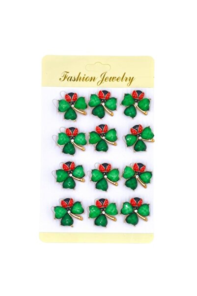 OEM Set of 12 Brooches, NEVERMORE, Clover with Ladybug, 2.5cm, Green