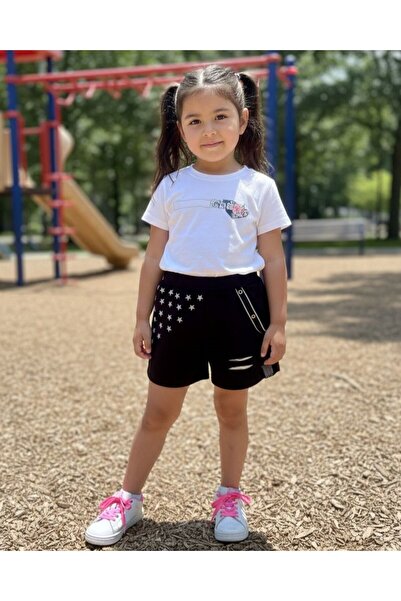 Babyhola Girl's 2-9 Years Old Star Patterned Shorts with Eyelet Detail 36042