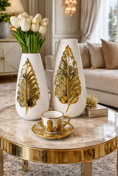 Kadim Vizyon Dekoratif Gold Yaprak Desenli Porselen 2'li Vazo 35cm-27cm
