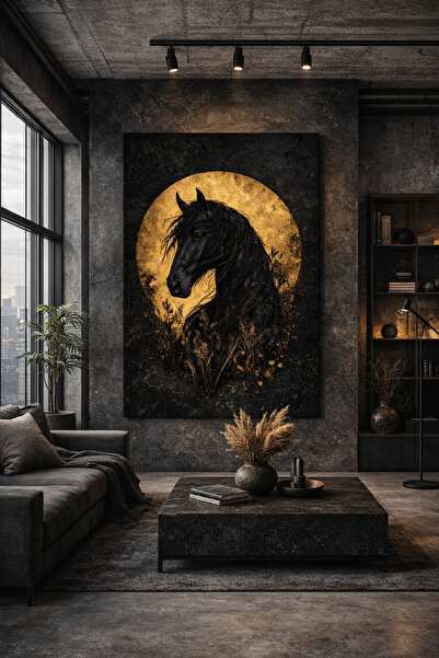 My canvas Siyah At Altın Ay Kanvas Tablo – Lüks Endüstriyel Modern Duvar Deko...