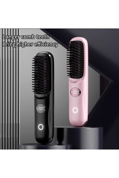 NO BRAND Cordless Hair Straightener Brush. USB rechargeable mini hot comb with negative ions travel-safe Pink