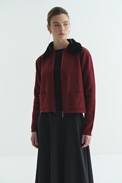 Merve Gültekin Fur Collared Knitwear Cardigan Claret Red