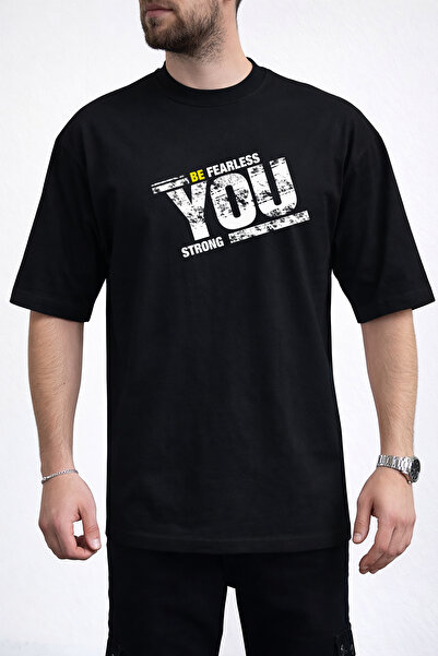 caddekombin Tricou negru pentru bărbați, cu design Fearless și Strong, cu imp...