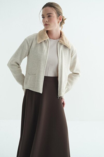 Merve Gültekin Fur Collared Knitwear Cardigan Stone