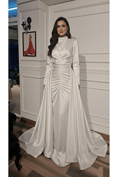 makbuleofficial Beyaz Saten Kumaştan Takma Etekli, Drape Detaylı Tesettür Gel...