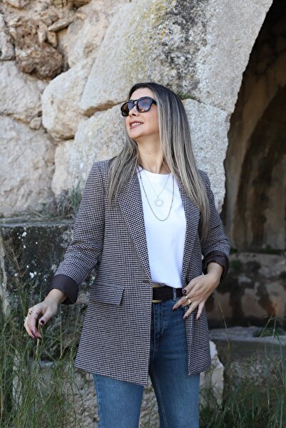bytugcekaya Coffee Lined Houndstooth Blazer