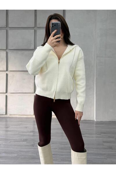 Coral Boncuk Şeritli Kapüşonlu Peluş Hırka 145109 Vanilya