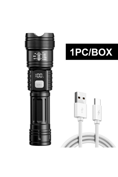 Choice مصباح يدوي LED أسود وأبيض قابل لإعادة الشحن، شعاع طويل، إضاءة طوارئ خا...