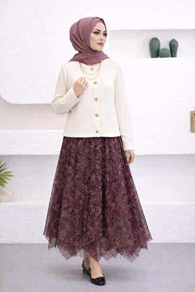 YEDİLALE Chiffon Asymmetric Lined Skirt Knitted Cardigan Dual Set [Excluding ...