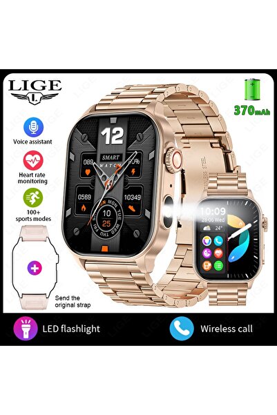 Lige ساعة ذكية جديدة من الفولاذ بلون ذهبي وردي، مزودة بمصباح LED يدوي، ساعة ر...