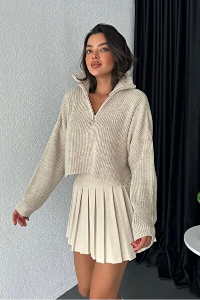 Noi Belis Oversize Crop Boy High Collar Half Zipper Knitwear Sweater Aw25Kz0137