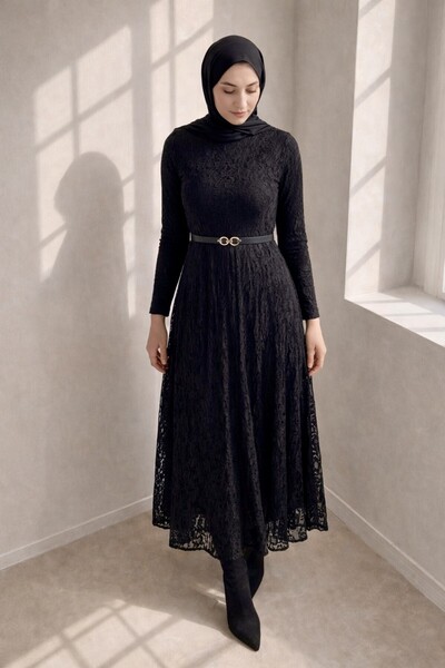 Kirazgym Lined Guipure Lace Dress with Belt - Black