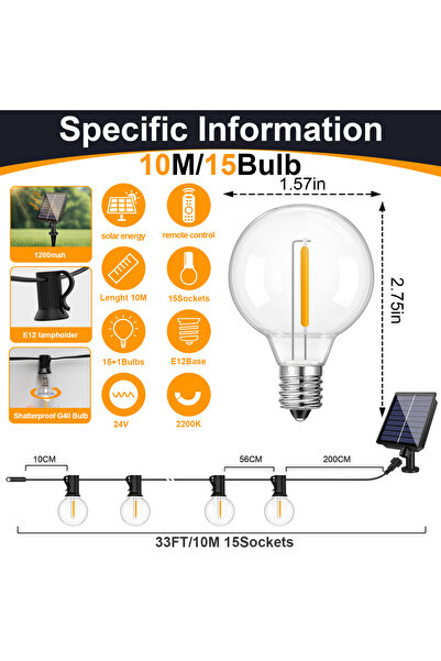 Choice سلسلة إضاءة LED تعمل بالطاقة الشمسية G40، مزودة بجهاز تحكم عن بعد، بطو...