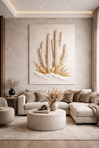 My canvas Altın Detaylı Kaktüs Kanvas Tablo – Minimal Modern Bej Duvar Tablos...