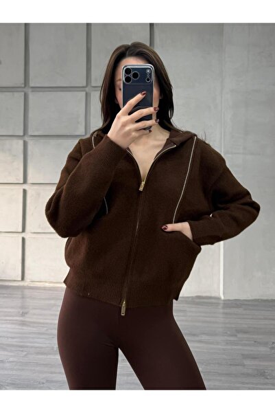 Coral Boncuk Şeritli Kapüşonlu Peluş Hırka 145109 Kahve