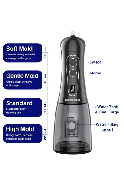 Choice جهاز ري فموي أسود محمول، خيط تنظيف الأسنان بالماء، قابل لإعادة الشحن، ...