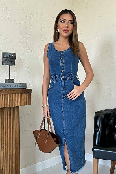 Rabona Fashion Nova Slit Detailed Buttoned Denim Pencil Dress