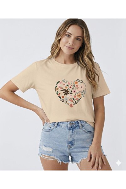 BW Bravely Wear Tricou de damă cu decolteu rotund, cu imprimeu inimă și lalele