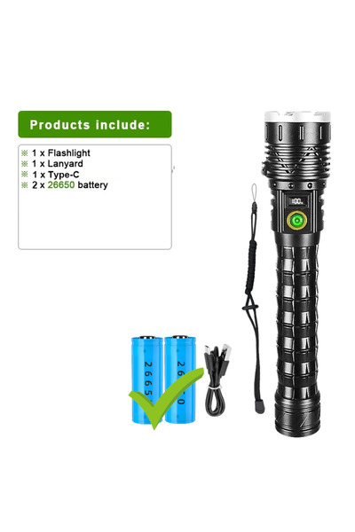 Choice مصباح يدوي ZOOM أسود مزود ببطاريتين 26650 عاليتي الطاقة، طويل المدى، ق...