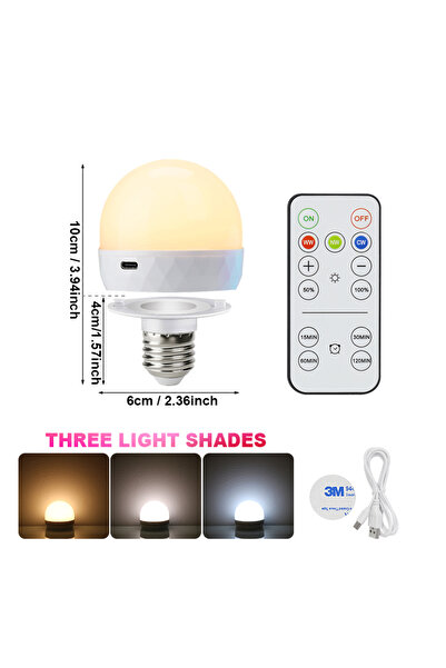 Choice مصباح LED قابل لإعادة الشحن بثلاثة ألوان أبيض، قاعدة E27 ومنفذ USB بجه...