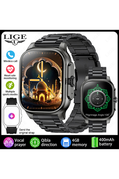 Lige ساعة يد إسلامية سوداء من الفولاذ، ساعة ذكية جديدة مزودة بمؤشر القبلة وخا...