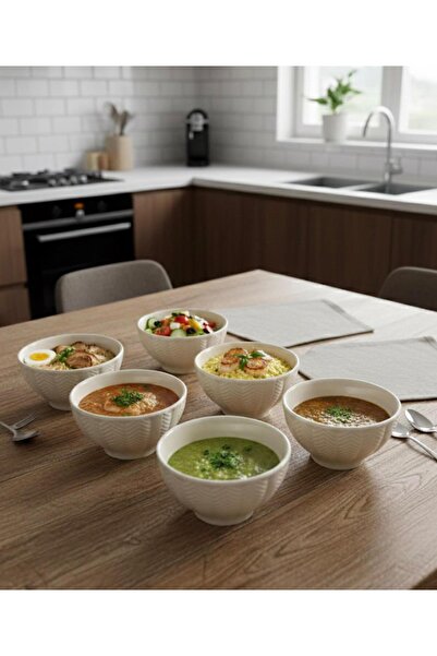 evinbizden ŞIK KREM RENK 6'LI SUNUM ÇORBA SALATA KASELERİ SERAMİK