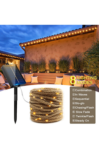 Choice 10M-200LED Solar Powered Hemp Rope String Lights 8 Modes Waterproof Fa...