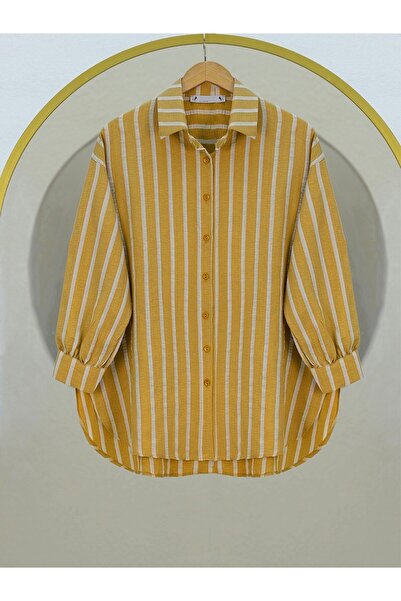 Kirazgym Women's Button-Down Shirt with Long Striped Back - Mustard