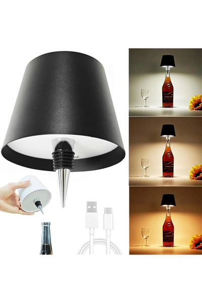 Choice مصباح طاولة أسود على شكل زجاجة شحن USB، تحكم باللمس، 3 ألوان، وإضاءة ل...