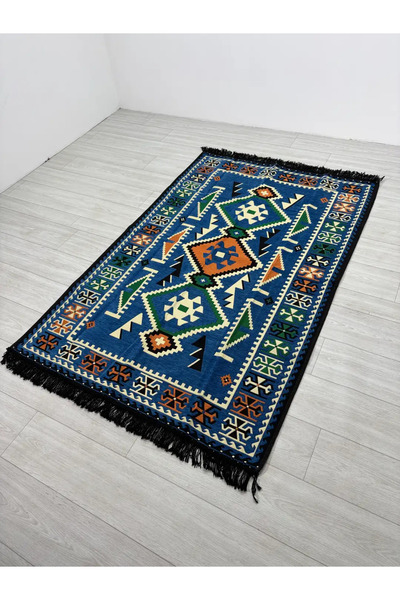 BAKIRÖZÜ HOME Pamuk Polyester Karışımlı Modern Otantik Kilim - Anadolu Mavi M...