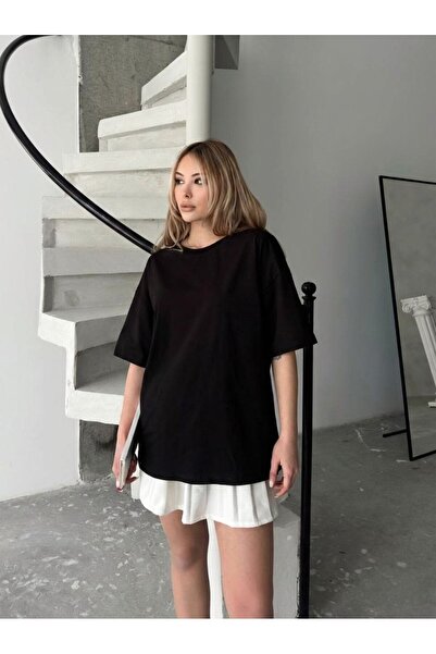 HepsitrentStore Two Thread Basic Black Oversize T-Shirt