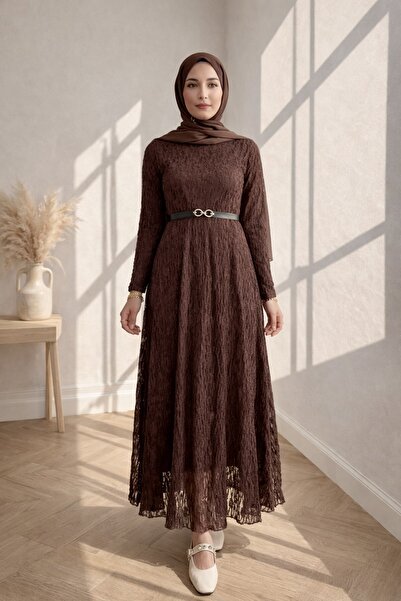 Kirazgym Lined Guipure Lace Dress with Belt - Dark Brown